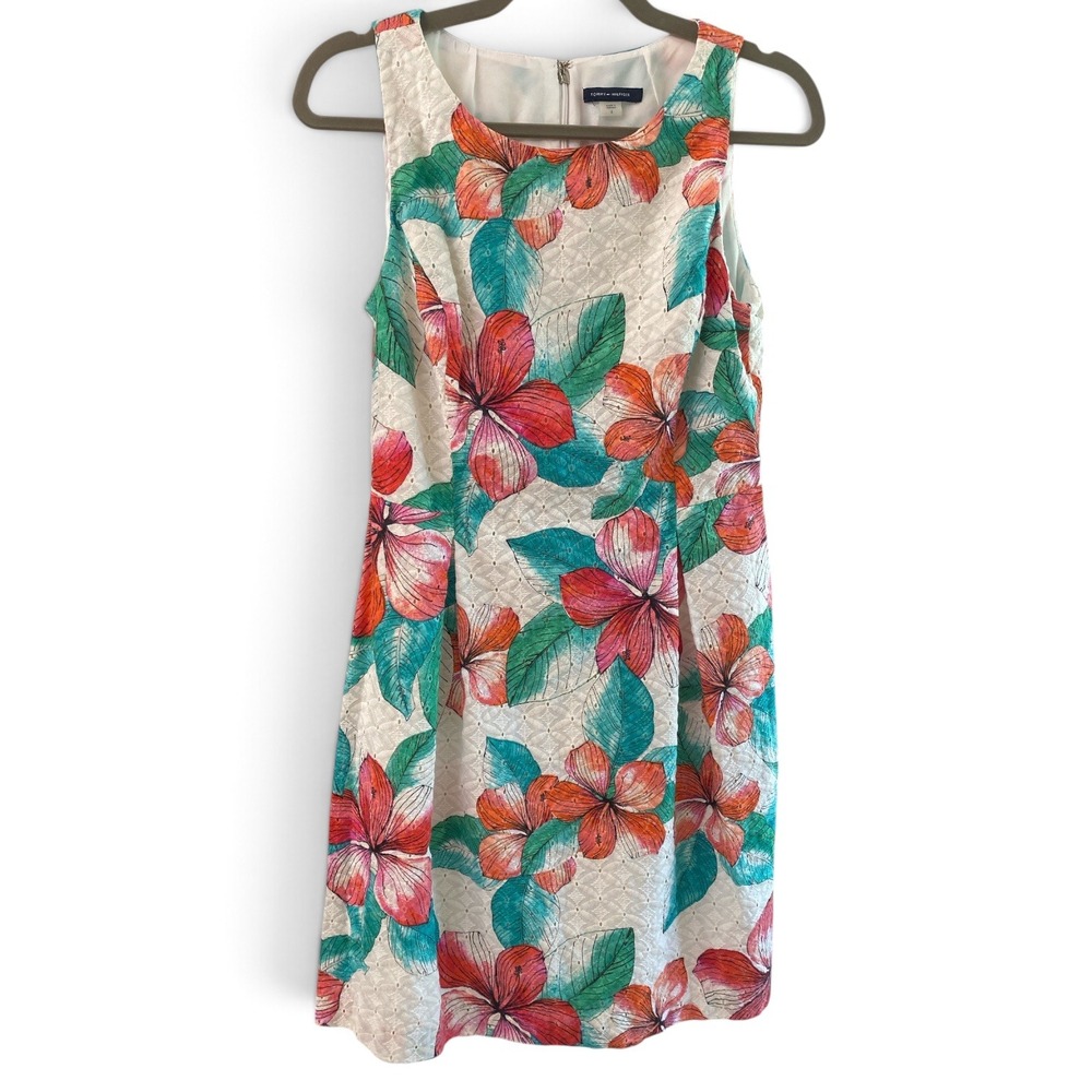 Tommy Hilfiger Womens Floral Eyelet Sheath Dress Tropical Hibiscus Size 6